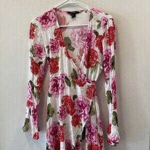 Women's EUC Forever 21 Floral Rose Print White Dress Tie Wrap Size S Mini Dress